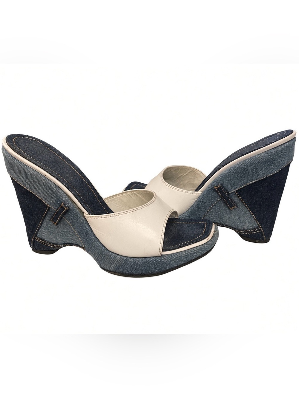 Casadei Denim & White Leather Wedge Mules – Size 8 (Made in Italy)